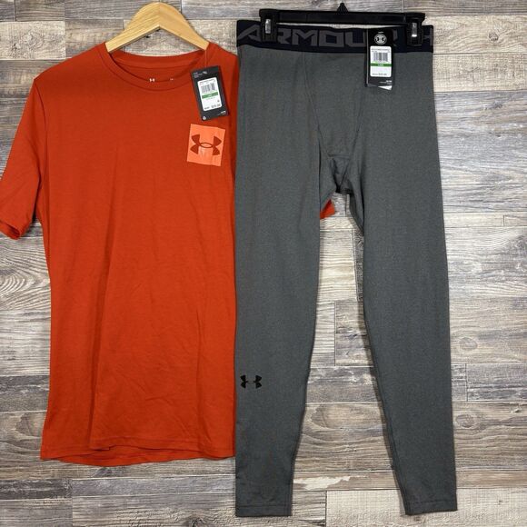 Under Armour Mens L HeatGear Armour Leggings Grey  1291326 & Orange Shirt NWT - Picture 1 of 6